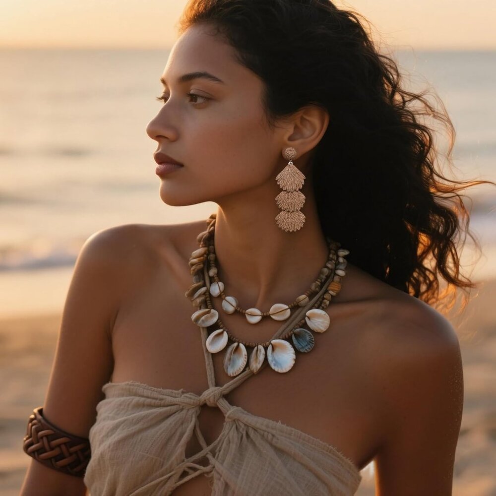 Brown Raffia Dangle Earrings With Shell Design, L… - image 2